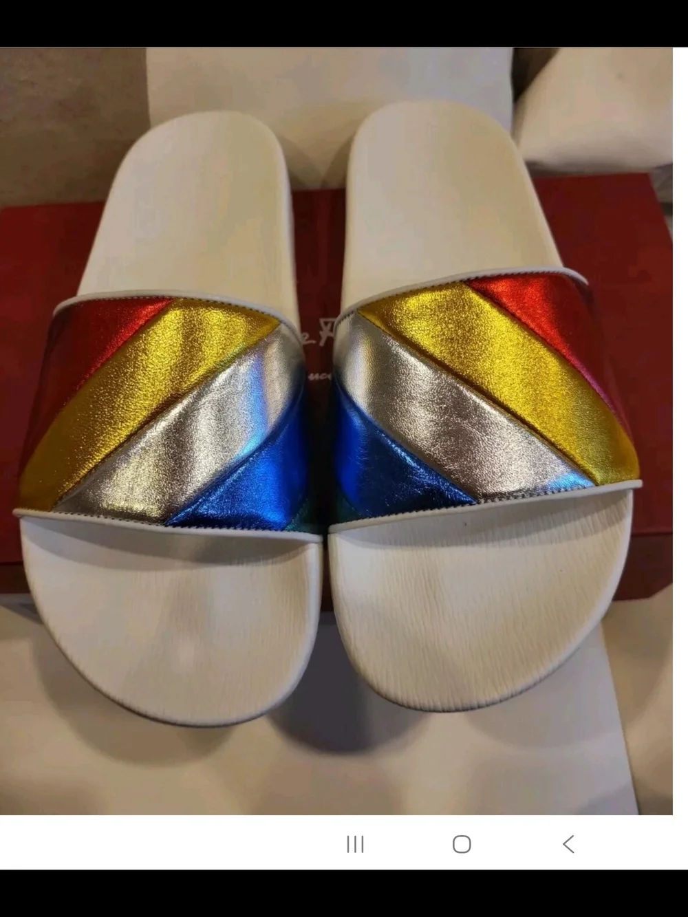 Salvatore Ferragamo Groove Multicolor Rainbow Leathr Metallic Slides Size 9M NWB